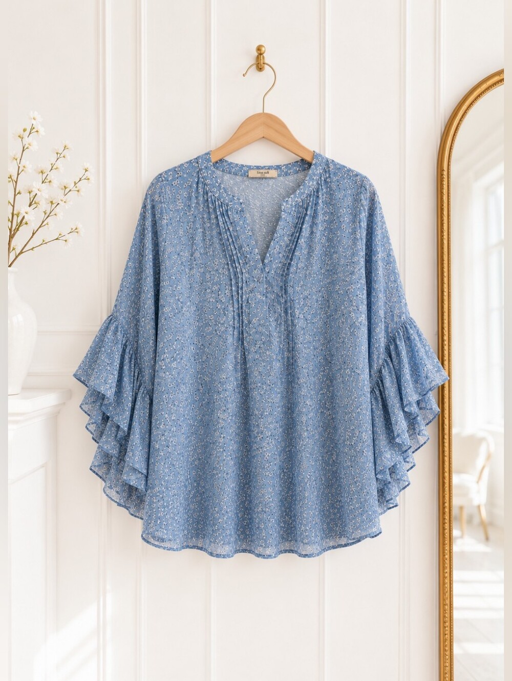 Timeson Blue Floral Ruffle Bell Sleeve Split Neck Blouse Size XXL Boho Romantic - Picture 5 of 8